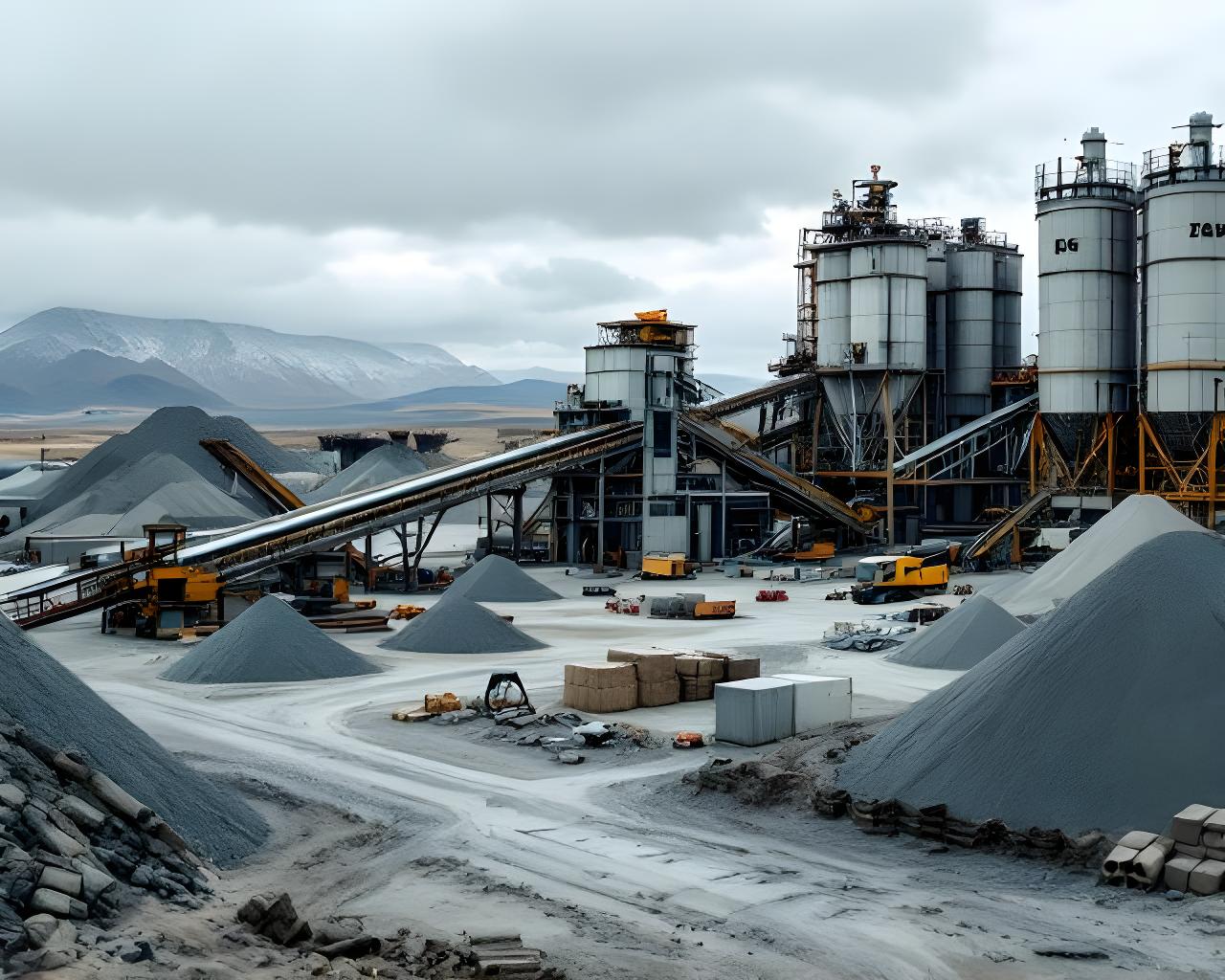 Planta de cemento en la Patagonia con acopio ordenado y tolvas industriales en funcionamiento