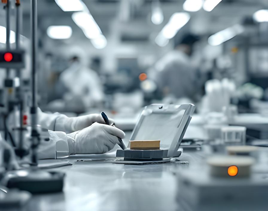 Técnico de laboratorio revisando una muestra de cemento con instrumental de control en un entorno limpio y ordenado