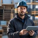 Capataz con casco oscuro y campera de trabajo frente a acopio de materiales en exterior