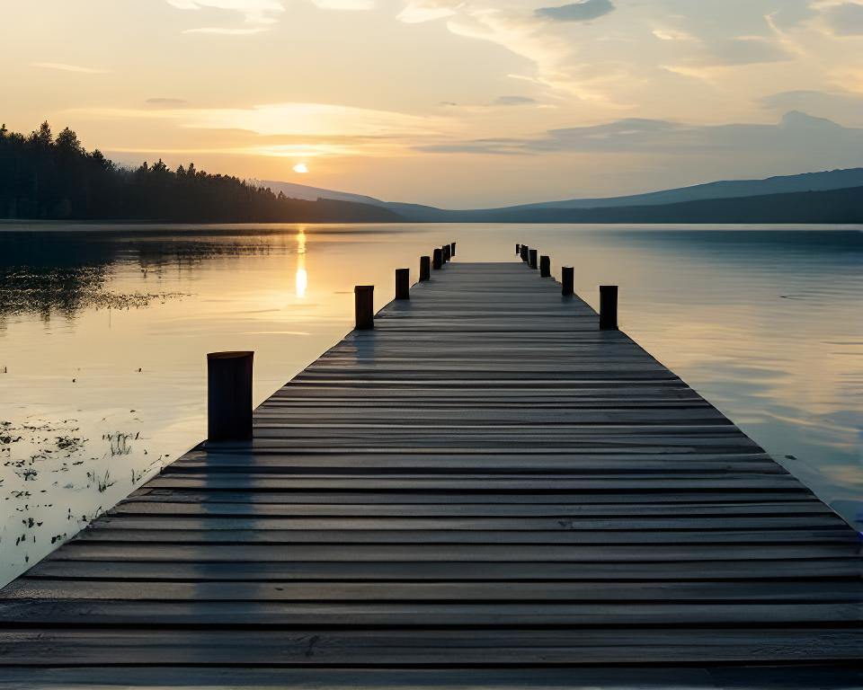 Nuevo muelle sobre el lago con estructura robusta y agua calma al atardecer