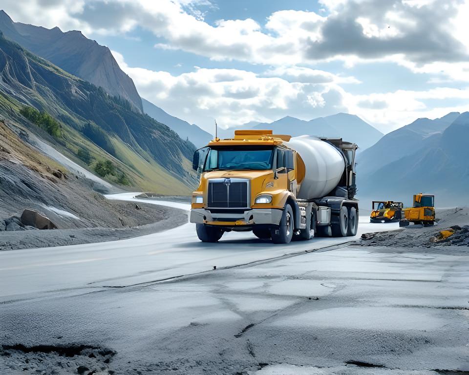 Camión hormigonero sobre ruta montañosa pavimentada con obra vial en ejecución