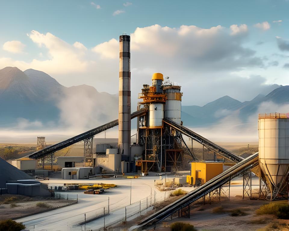 Planta de cemento en El Bolsón con silos, cintas transportadoras y luz suave de la Patagonia